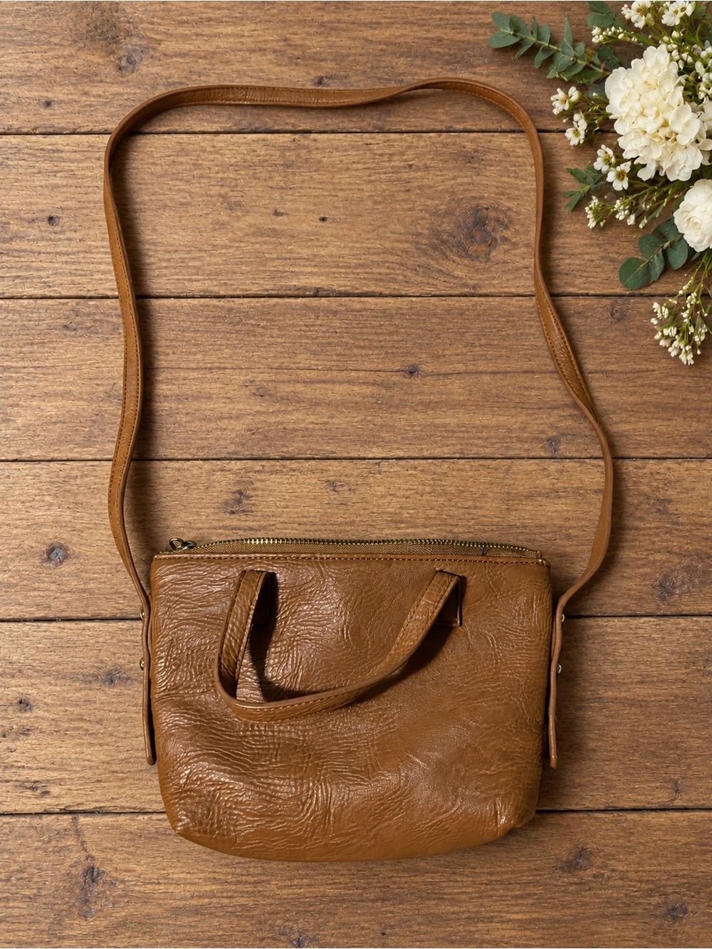 Free People Cognac Leather Mini Satchel Crossbody Bag Boho Western Top Handle Pu